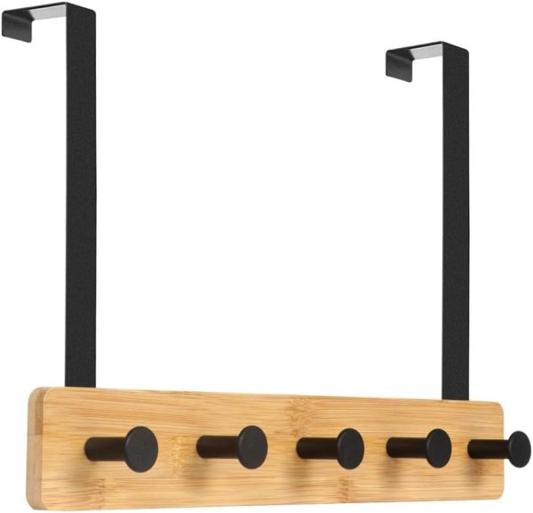 Wooden Over The Door Hooks 5 Hooks Door Hanger, Sturdy Heavy Duty Coat Rack for Bag, Coat, Towel, Hat, Robes, Scarves, Bedroom, Closet, Bathroom