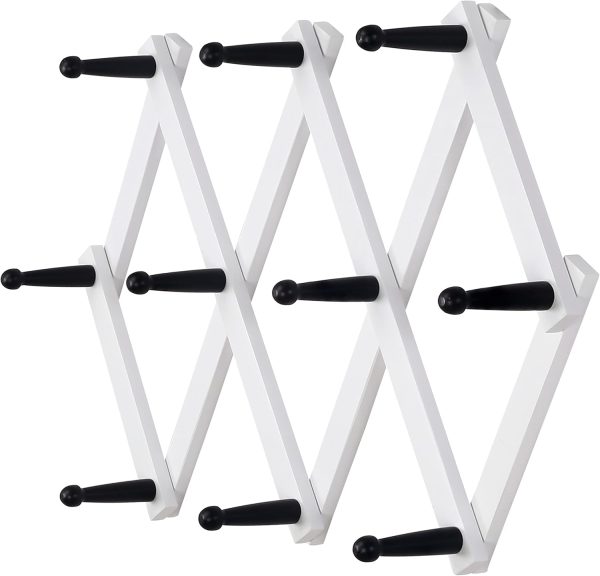 Accordian Wall Hanger: 16” High Wooden Wall Expandable Coat Rack, Hat Rack Holder, Accordion Hook for Baseball Caps, Coats, Mugs, 10 Peg Hooks, White & Black
