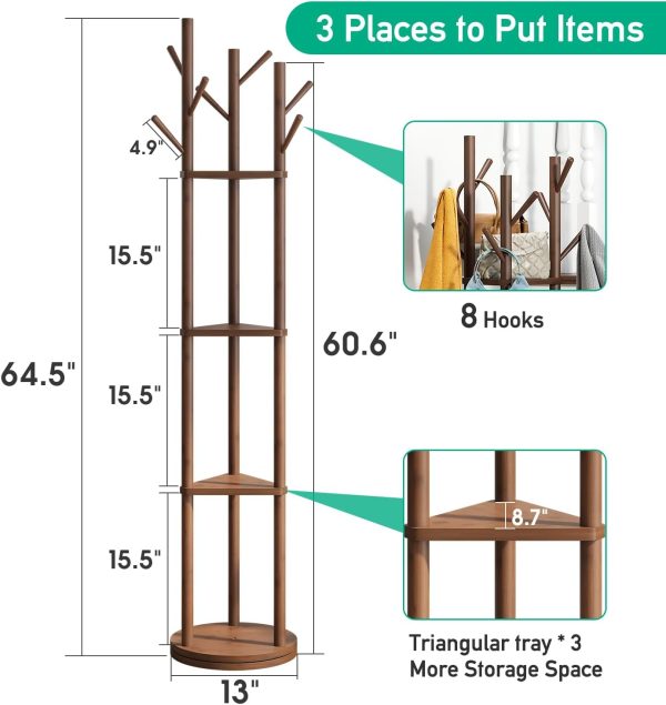 Rotary Coat Rack Stand with 8 Hooks, Bamboo Wood Coat Tree for Clothes/Bags/Hats, Large Coat Rack Freestanding for Entryway (Brown_triangle) - Image 2