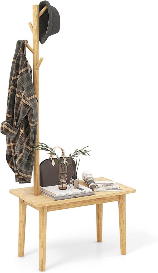 Coat Rack with End Table, Solid Wood Coat Tree with 2-in-1 Side Table & 4 Hooks for Hats, Bags & Coats, Freestanding Hanger Stand Hall Tree for Entryway, Bedroom, Living Room (Natural)