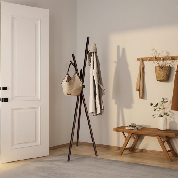 Solid Wood Coat Rack, Freestanding Clothes Tree with 6 Hooks, Houseware Standing Coat and Hat Hanger Organizer Rack, Clothes Tree Stand, Simple Assembly for Bedroom, Hallway, Office, Brown - Image 2