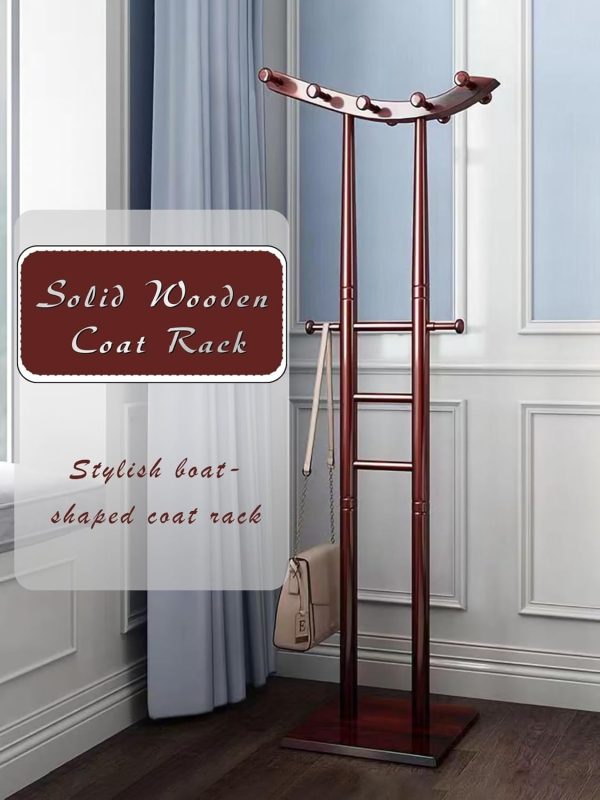 Solid Wood Coat Rack ,Coat Rack Freestanding Wood Tree Rack with 12 Hooks, Creative Design shape of a boat,easy assemble coat tree for Entryway, Bedroom,Coats,Bags ( Color : Walnut (real wood base) ) - Image 2
