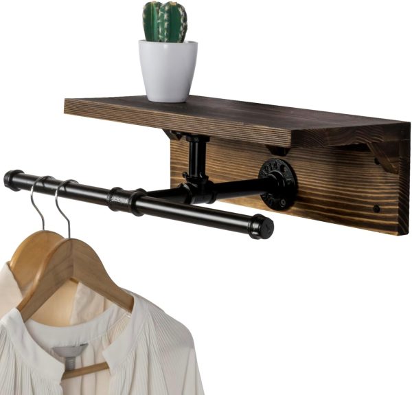MyGift Wall Mounted Garment Rack with Top Rustic Burnt Solid Wood Shelf, Industrial Matte Black Metal Pipe Storage Clothing Hanger Rod and Display Shelf