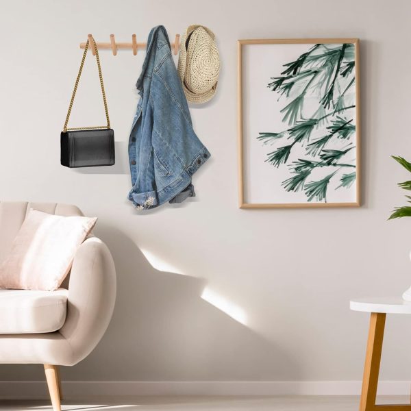 Modern Wood Coat and Hat Rack - Wall Mounted - 6 Peg Hooks - Stylish, Natural, Smooth - Image 2