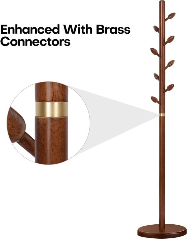 Wooden Coat Rack Freestanding - Heavy Duty Coat Tree Stand with 8 Bud-Shaped Hooks, Sturdy Round Base Coat Hanger for Entryway, Bedroom, Jackets & Clothes, 200lbs Capacity (Walnut) - Image 2