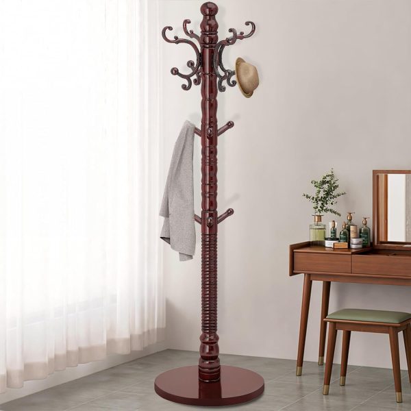 Wood Coat Rack Stand, Wooden Coat Rack Freestanding with Sturdy Round Base, Coat Racks with 14 Hooks, Natural Birch Wood Entryway Coat Tree Hanger Stand Easy to Assemble