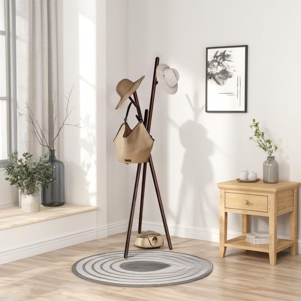 Solid Wood Coat Rack, Freestanding Clothes Tree with 6 Hooks, Houseware Standing Coat and Hat Hanger Organizer Rack, Clothes Tree Stand, Simple Assembly for Bedroom, Hallway, Office, Brown
