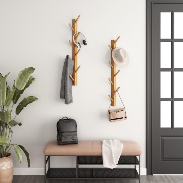 2-Pack Wood-Wall-Mounted-Coat-Hooks, Bamboo Vertical Coats Rack Holder Hanger with 8 Hooks Entryway Hanging Wooden Racks for Hanging Jacket Coat Hat in Entryway Office Bathroom(Natural) - Image 2
