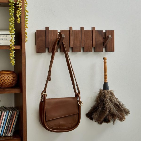 Wooden Coat Hooks Wall Mounted, Coat Rack Hanger Wall Mount with 4 Hooks, Modern Piano Coat Racks for Hanging Coats Keys Hats Towels Bags, Space-Saving Entryway Coat Rack, Walnut - Image 2