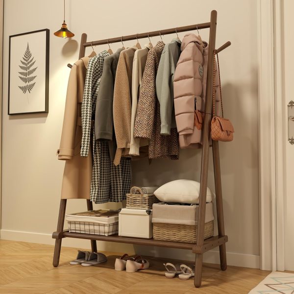 Solid Wood Clothes Rack, Clothing Rack for Hanging Clothes, Hanging Racks for Clothes with Shelves Load 350 Lbs Garment Rack (Walnut)