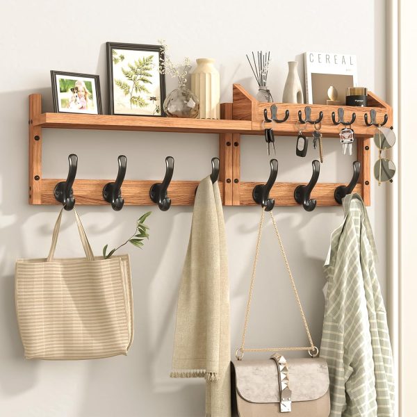 29" Coat Rack Wall Mount with Shelf, 4 in 1 Wall Mounted Coat and Key Hanger with 11 Hooks, Entryway Key Holder with Mail Holder for Living Room, Bedroom
