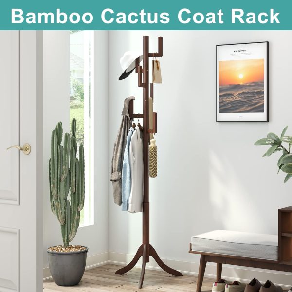 Coat Rack Freestanding, Bamboo Cactus Coat Stand, Adjustable Height Wooden Coat Tree with 6 Hooks, kids coat rack, Used In The Bedroom Living Room, Office To Hang Clothes, Hats, Bags - Image 2