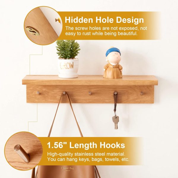 Coat Rack Shelf Wall Mounted Oak Wood Entryway Shelf with 6 Hooks Wall Coat Hook Rack with Floating Shelf for Bedroom, Living Room, Kitchen (Natural, 27.5 inch) - Image 2