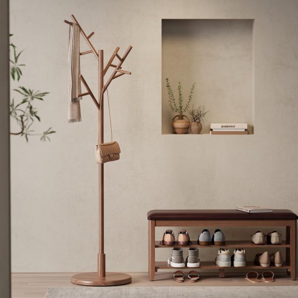 Coat Rack,Solid Wood Coat Rack Freestanding with 12 Hooks,Coat tree freestanding 3 Adjustable Heights for coat, Hats, Handbags，Coat Stand for Entryway,Bedroom (Walnut) - Image 2