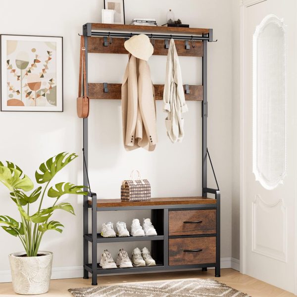 Hall Tree, 31.5” Entryway Bench with Coat Rack freestanding, 5 in 1 Intelligent Design Shoe Bench and Wall Rack 17 Hooks and Drawers (Rustic Brown) - Image 2