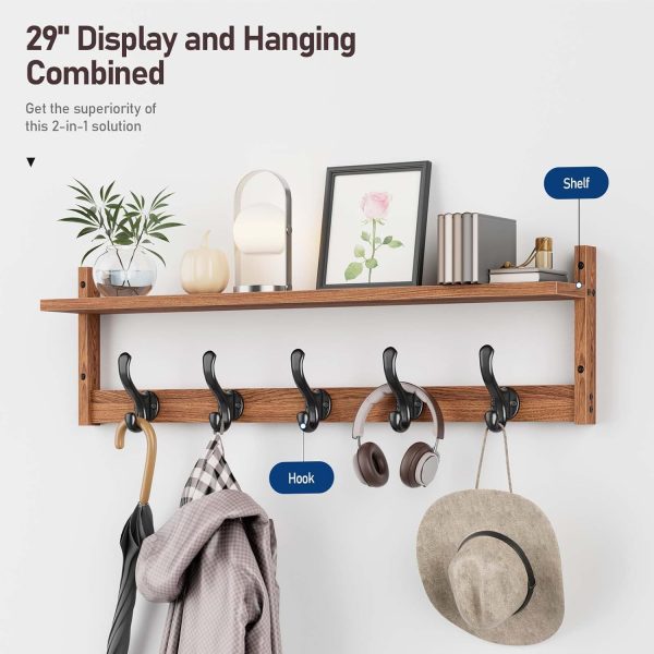 29'' Coat Rack Wall Mount with Shelf, Wood Wall Hooks with Storage, Entryway Shelf with 5 Hangers for Bathroom, Living Room, Bedroom, Rustic Brown - Image 2