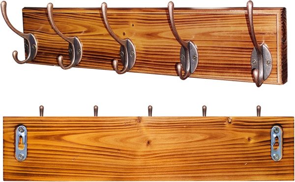 Wooden Coat Rack Wall Mount, Rustic Wood Wall Mounted Coat Rack with 5 Hooks - Entryway Organizer and Storage Solution for Hats, Scarves (Brown, 5 Hooks)