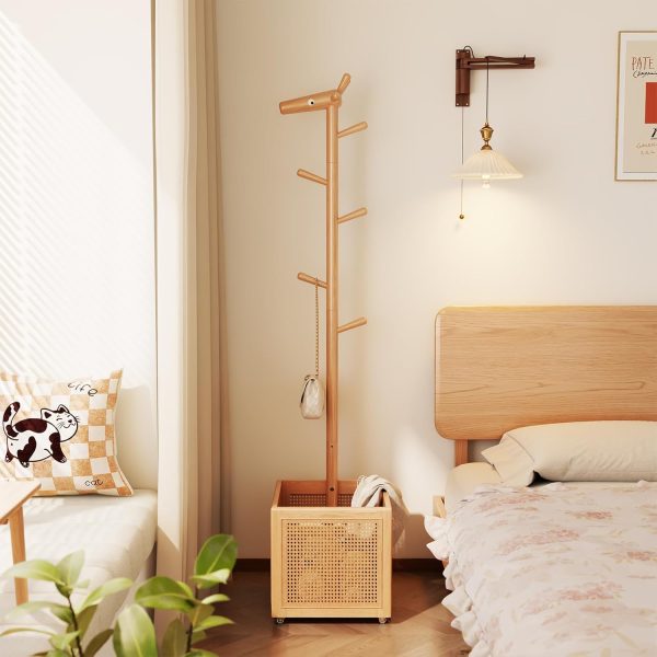 Wood Coat Rack,Coat Rack Freestanding with 5 Hooks,Coat Tree with Storage Basket for Bedroom, Entryway, Livingroom （Natural） - Image 2