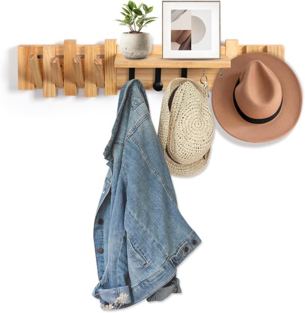 Wooden Coat Rack Wall Mount Shelf with 11 Hooks Wooden Wall Mounted Down Wooden Piano Wall Hooks Wooden Key Holder for Coats Bag Hat Umbrella Entryway Shelf Housewarming Holiday Gifts