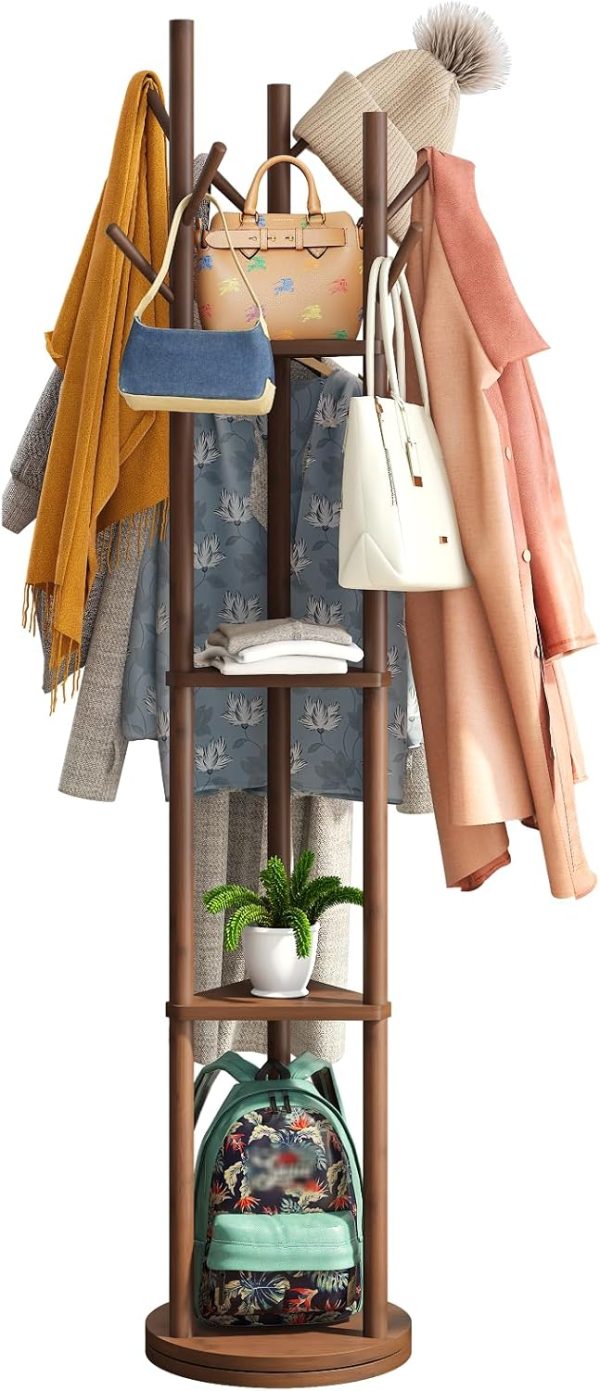 Rotary Coat Rack Stand with 8 Hooks, Bamboo Wood Coat Tree for Clothes/Bags/Hats, Large Coat Rack Freestanding for Entryway (Brown_triangle)
