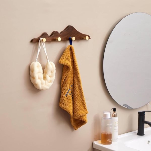 Coat Rack Wall Mount Coat Hooks - Wooden Coat Rack with 4 Gold Brass Hooks, Heavy Duty Wood Decorative Wall Hooks, Door Mounted Entryway Coat Rail for Hanging Jacket Hat Bag Key Backpack, 16Inches - Image 2