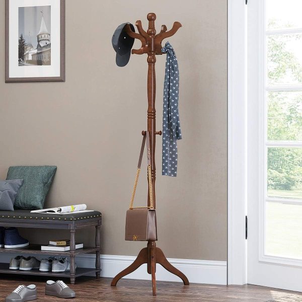Coat Rack Free Standing with 11 Hooks, Wooden Hall Tree Coat Hat Tree Coat Holder with Solid Rubberwood Base for Coat, Hat, Clothes, Scarves, Handbags, Umbrella, Dark Walnut - Image 2