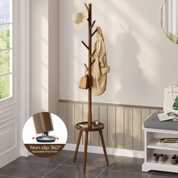 Coat Rack with 8 Hooks, Wooden Coat Rack Freestanding with Shelf, Coat Tree with 4 Height Options 50.5"-72.6", Coat Hanger Stand for Bags, Clothes, Umbrellas, Hats, in Home, Brown - Image 2
