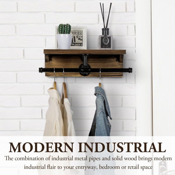 MyGift Wall Mounted Garment Rack with Top Rustic Burnt Solid Wood Shelf, Industrial Matte Black Metal Pipe Storage Clothing Hanger Rod and Display Shelf - Image 2