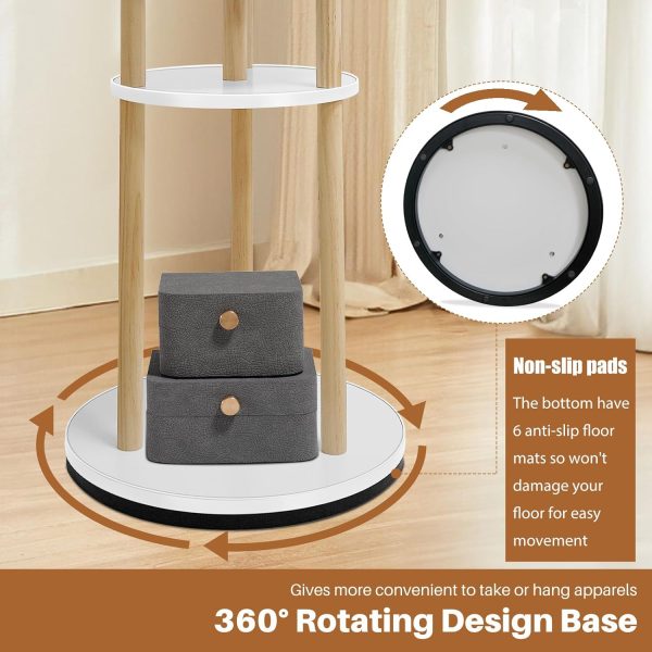 Rotary Coat Rack Freestanding,Solid Wood Coat Hanger Stand with 3 Shelves and 9 Hooks,Sturdy and Easy to Assemble Coat Hall Tree Stand for Entryway,Bedroom,Hanging Hats,Scarves,Bags(Natural) - Image 2
