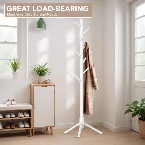 Wooden Tree Coat Rack Stand,Sturdy Freestanding Coat Rack with 8 Hooks,3 Adjustable Height for Child Adult,Wood Coat Stand Tree Fits Entryway Bedroom Office for Bags,Hats - Image 2