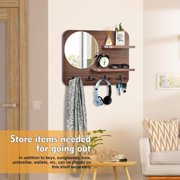 Coat Rack Rustic Wooden Wall Mounted Hanging Coat Rack with Mirror and 4 Double Hooks Decorative Entryway Hook Shelf for Hallway Living Room Bedroom 16"x12" (Brown) - Image 2