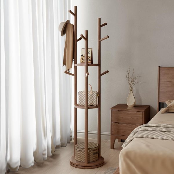Solid Wood Rotary Coat Rack, Freestanding Coat Rack with 3 Shelves and 9 Hooks, Coat tree for Bedroom, Entryway, Livingroom, Coat Hanger Stand for Coats, Scarves, Handbags (Walnut) - Image 2