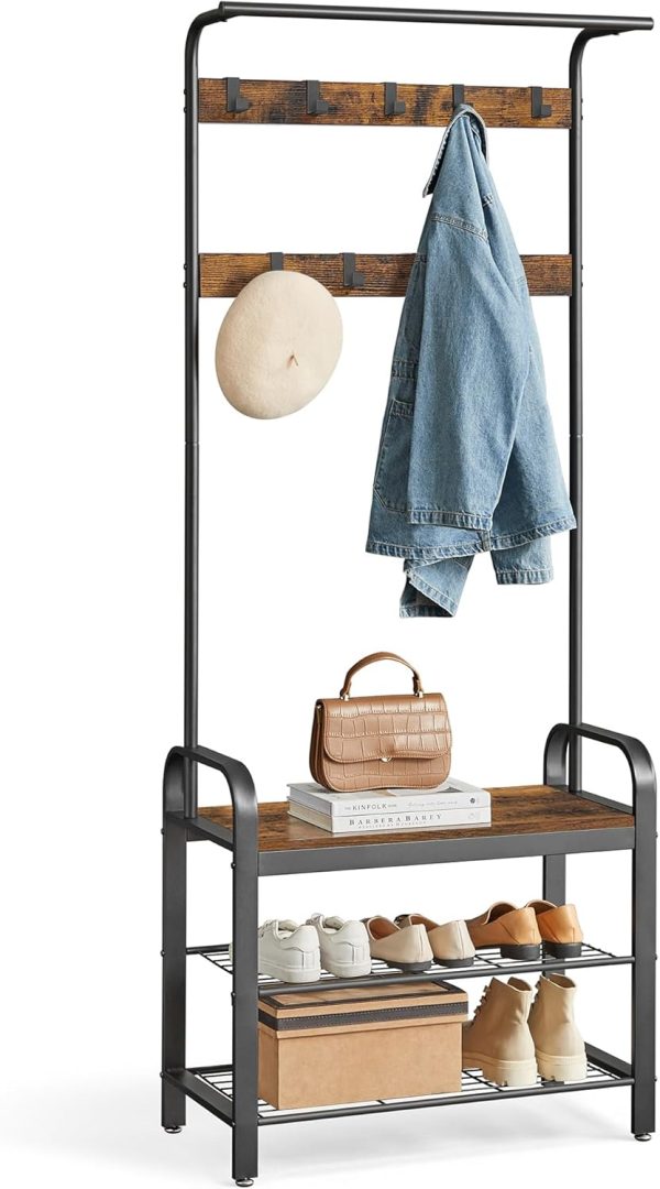 Coat Rack, Hall Tree with Shoe Bench for Entryway, Entryway Bench with Coat Rack, 4-in-1, with 9 Removable Hooks, a Hanging Rod, 13.3 x 28.3 x 72.1 Inches, Rustic Brown and Black