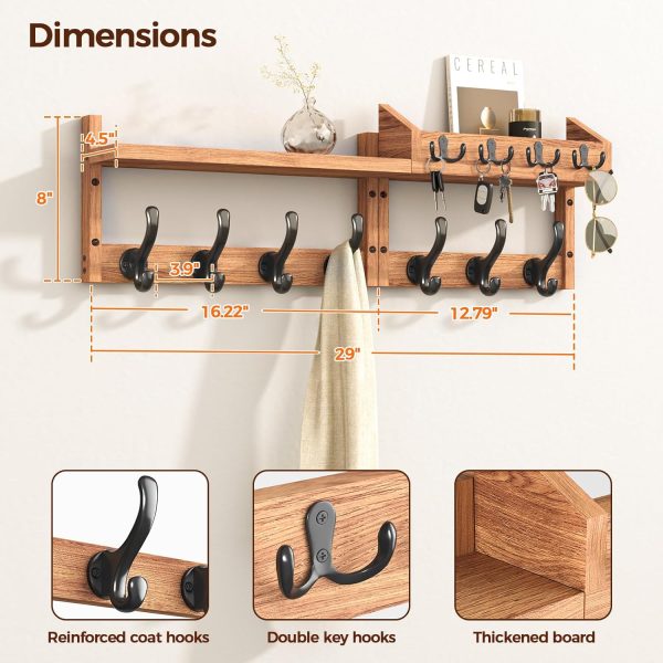 29" Coat Rack Wall Mount with Shelf, 4 in 1 Wall Mounted Coat and Key Hanger with 11 Hooks, Entryway Key Holder with Mail Holder for Living Room, Bedroom - Image 2