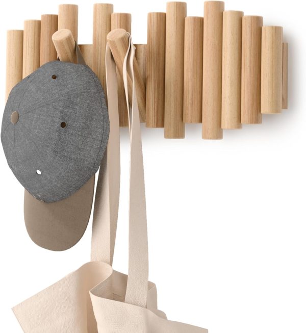 5 Hooks, Wall-Mounted Rail, Doubles as Art, Beveled Pine Wood Dowels, Natural Finish