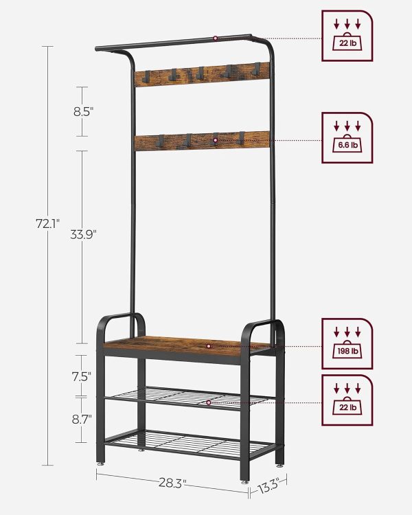 Coat Rack, Hall Tree with Shoe Bench for Entryway, Entryway Bench with Coat Rack, 4-in-1, with 9 Removable Hooks, a Hanging Rod, 13.3 x 28.3 x 72.1 Inches, Rustic Brown and Black - Image 2