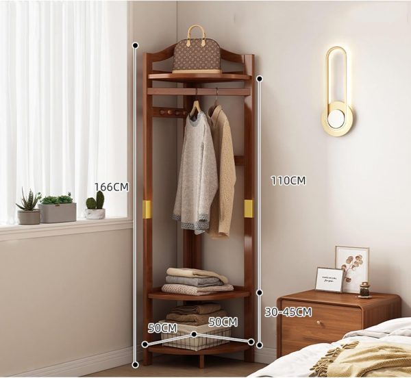 corner coat rack,corner hall tree,Solid wood clothes rack,Solid wood clothing rack with storage basket and hooks,corner garment rack for bedroom,living room,entryway,corner storage rack for clothes - Image 2