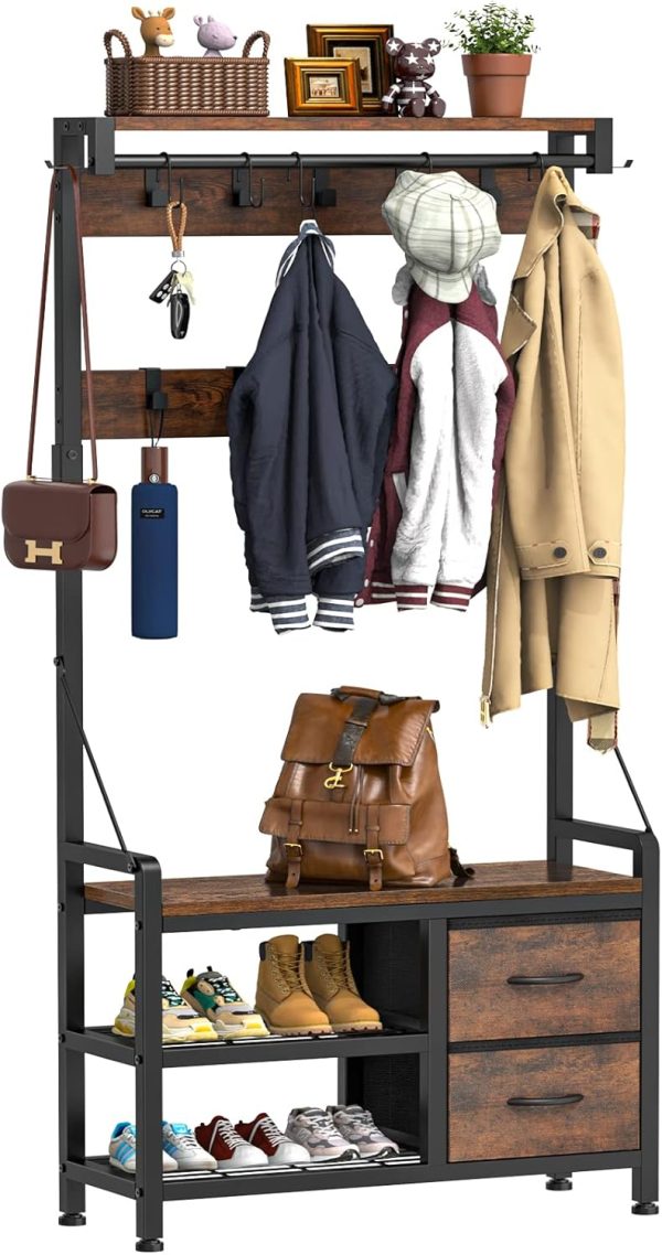 Hall Tree, 31.5” Entryway Bench with Coat Rack freestanding, 5 in 1 Intelligent Design Shoe Bench and Wall Rack 17 Hooks and Drawers (Rustic Brown)