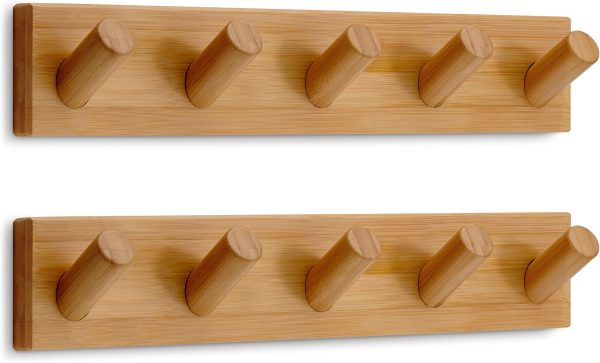 Wall Mounted Coat Rack With 5 Hooks (2-Pack), 16.5" Wooden Wall Hook Rack - Modern Scandinavian Home Decor - Series 6