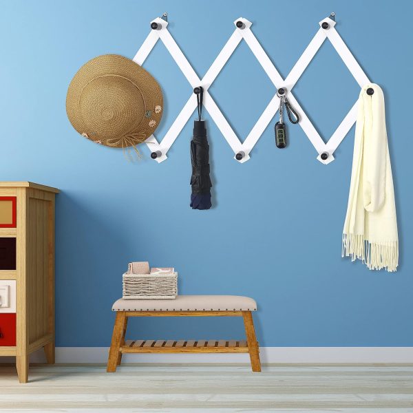 Accordian Wall Hanger: 16” High Wooden Wall Expandable Coat Rack, Hat Rack Holder, Accordion Hook for Baseball Caps, Coats, Mugs, 10 Peg Hooks, White & Black - Image 2