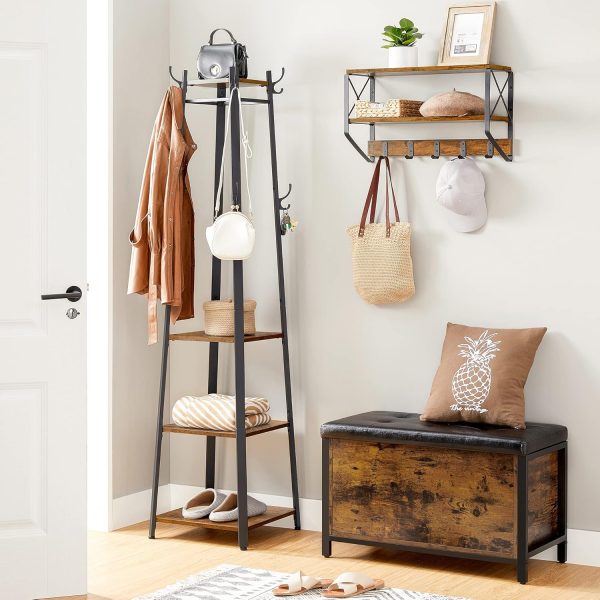 Coat Rack, Coat Stand with 3 Shelves, Hall Tree Free Standing with Hooks for Scarves, Bags, Umbrellas, Steel Frame, Industrial Style, for Entryway, Living Room, Rustic Brown and Black ULCR80X - Image 2