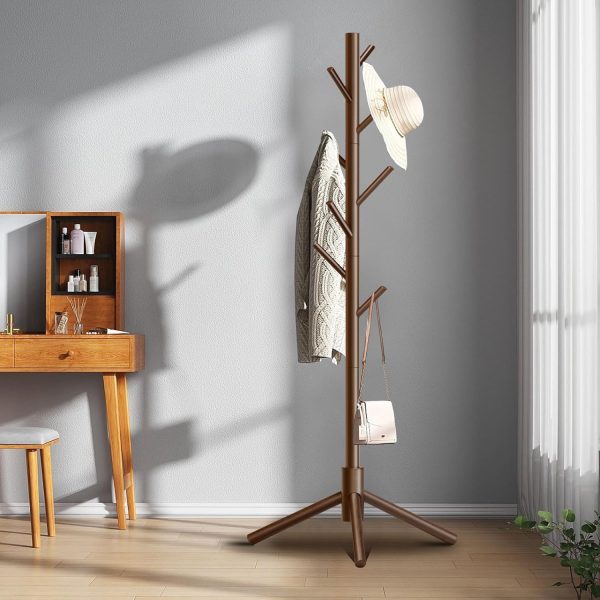 Wooden Coat Rack, Free Standing Coat Rack with 8 Hooks 3 Adjustable Heights for Clothes, Hats, Handbags, Coat Tree Easy Assembly for Entryway, Bedroom, Hallway, Office (New Brown) - Image 2