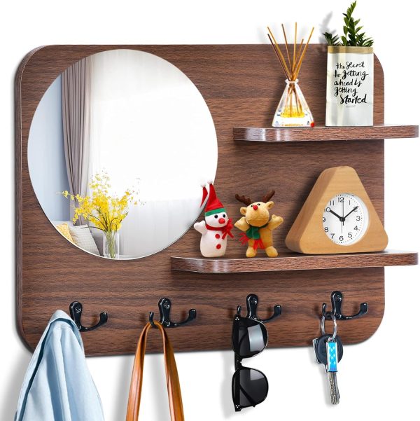 Coat Rack Rustic Wooden Wall Mounted Hanging Coat Rack with Mirror and 4 Double Hooks Decorative Entryway Hook Shelf for Hallway Living Room Bedroom 16"x12" (Brown)
