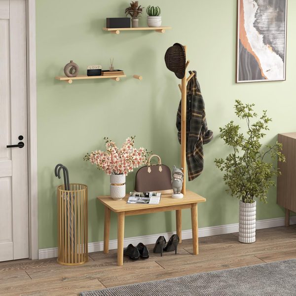 Coat Rack with End Table, Solid Wood Coat Tree with 2-in-1 Side Table & 4 Hooks for Hats, Bags & Coats, Freestanding Hanger Stand Hall Tree for Entryway, Bedroom, Living Room (Natural) - Image 2