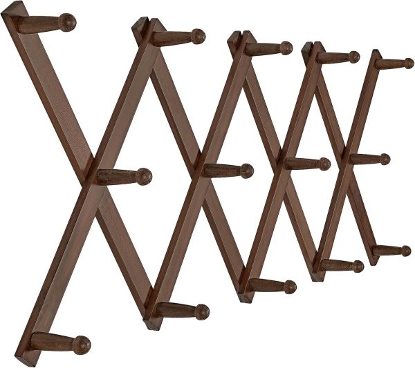 Accordion Wall Hanger, Modern Expandable Coat Rack Wall Mounted, Solid Wooden Wall Hat Rack for Wall, 14 Peg, Walnut